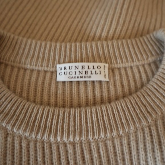 Brunello Cucinelli Cashmere Sweater Monili Beige Shear Sleeves Size X-Large New - Picture 9 of 10